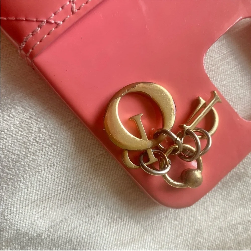 DIOR Lady Dior Lambskin Quilted Leather iPhone 14 Phone Case w/ Logo Charm Pink